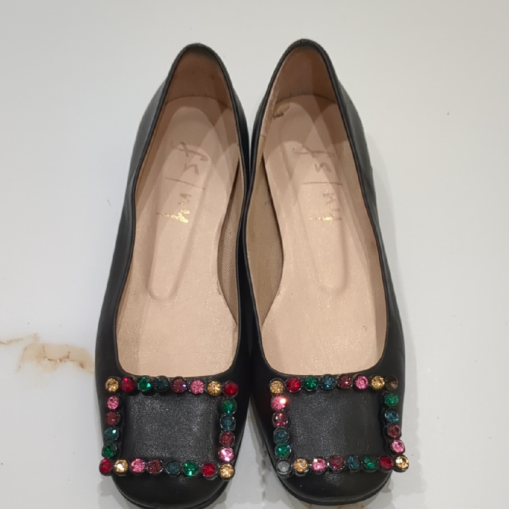 French Sole 36 FS/NY Elegant Black Embellished Flats Worn Only A Couple Of Times